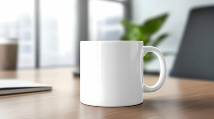 A blank coffee mug on a wooden desk, perfect for branding and customization.