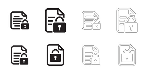Secure Document icons set simple clean and smooth Solid and Outline Styles vector icons in black on a white background.
