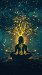 Mystical meditating woman surrounded by glowing orbs and tree of life in a serene forest at twilight