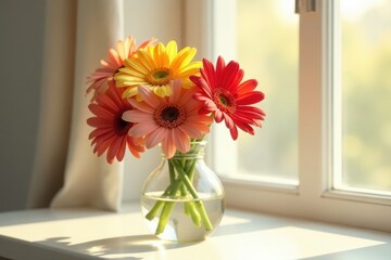 Vibrant gerbera daisies in a clear glass vase, bathed in sunlight near a windowsill