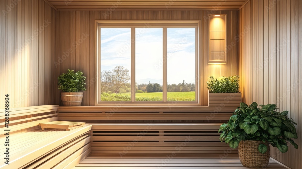 Poster modern sauna with minimalist design featuring infrared panels, large windows, and a serene view of n