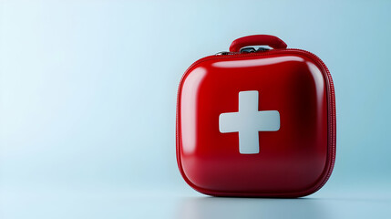 A bright red first-aid kit with a white cross symbol against a light background.