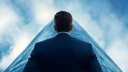 A businessman gazes up at a towering skyscraper against a dramatic sky.