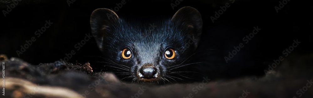 Poster stunning close-up of a weasel's face showcasing sharp features and bright eyes in natural habitat