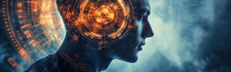 Mystical profile of a man with digital elements portraying an abstract connection between technology and consciousness