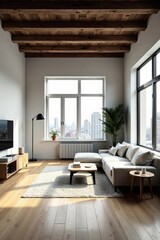 Fototapeta premium Modern apartment living room with hardwood floors, exposed wooden beams, and large windows offering a cityscape view