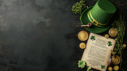 St. Patrick Day elements with green hat and gold coins on dark background