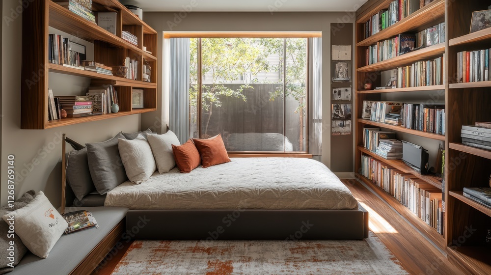 Poster Elegant guest room featuring a multifunctional daybed and ample bookshelf space for relaxation and reading
