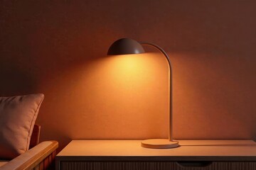 Warm light illuminates a minimalist bedroom scene featuring a softly glowing desk lamp on a nightstand next to a plush cushioned chair