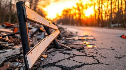 Accident Damaged Barrier Concept, Broken Barrier Beside Cracked Asphalt with Bent Structure and Sunset Background in Nature Setting