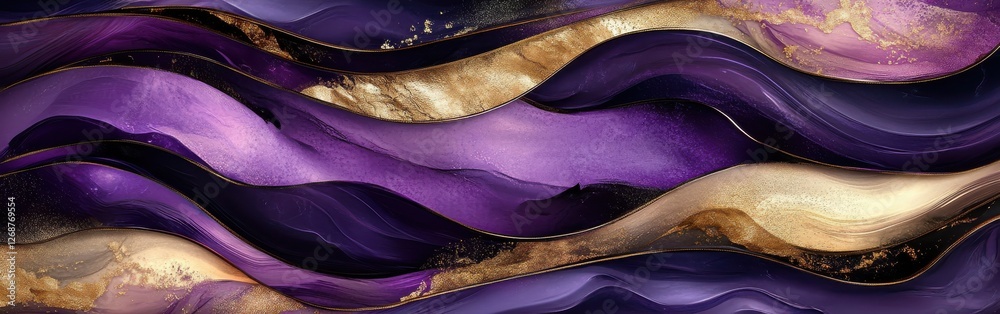 Aufkleber Flowing wave design in deep purple and gold creates a mesmerizing abstract visual effect in a modern setting