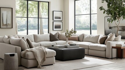 Stylish family room featuring spacious modular seating and natural light