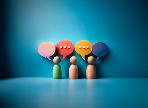 Four wooden figures stand in a row against a blue backdrop, each with a colorful speech bubble above, suggesting communication and dialogue in a simple, illustrative style.
