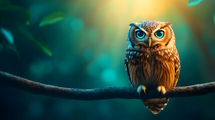 A close-up of a wise owl perched on a branch, surrounded by soft, glowing lights.