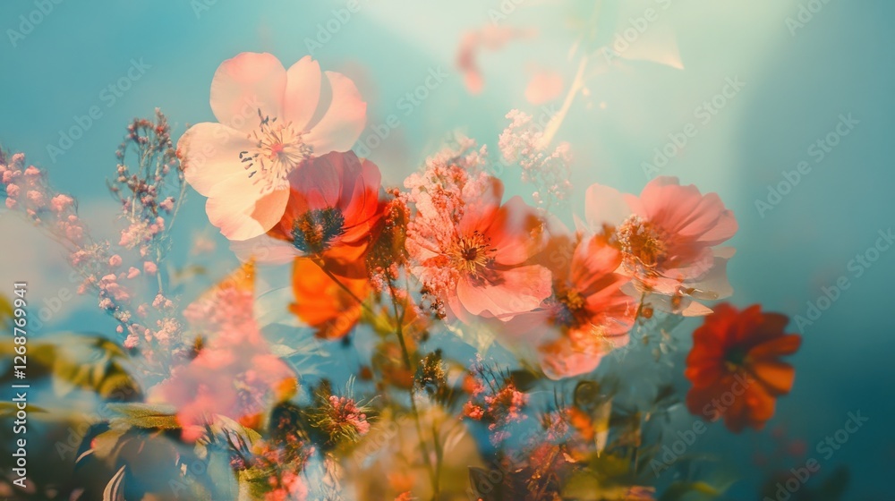 Poster creative double exposure capturing delicate spring blossoms in vibrant colors with a soft blue backg