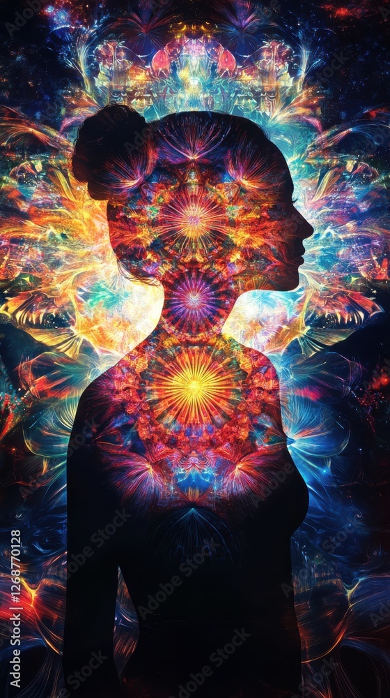 Aufkleber conceptual visualization of a glowing woman surrounded by vibrant cosmic patterns and colors at dusk