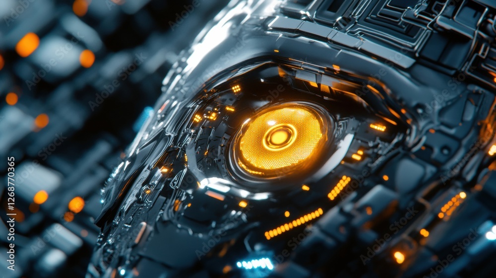Poster close view of a glowing robotic eye surrounded by intricate futuristic circuits and technology eleme