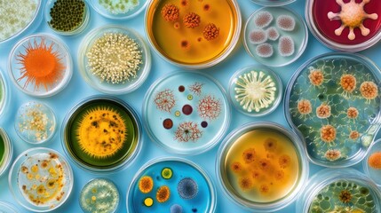 A cluster of various biological samples, including cells and microorganisms in petri dishes.