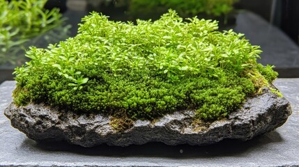 A cluster of moss growing on a rock, showcasing biological life in an ecosystem.