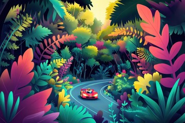 Red race car driving through lush tropical jungle scenery