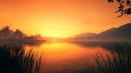 Obraz premium A peaceful lake with the soft reflection of a glowing orange sky during sunset.