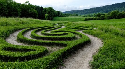 A winding path through a maze of bushes and grass.