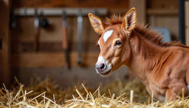 Curious foal resting in rustic barn amidst soft straw, farm life