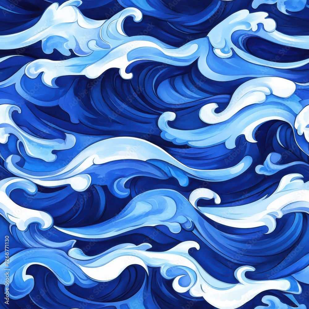 Poster bold watercolor doodle of waves in various shades of blue creating a dynamic ocean effect