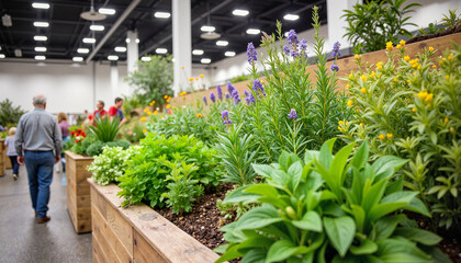 Visitors exploring fragrant herb garden at garden expo, sensory delight