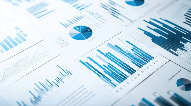 A collection of various blue - toned business charts and graphs laid out on a surface, including pie charts, bar graphs and line charts.