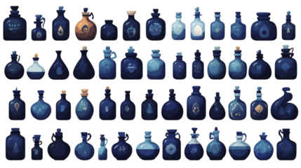 Collection of various mysterious blue potion bottles with symbols and cork stoppers