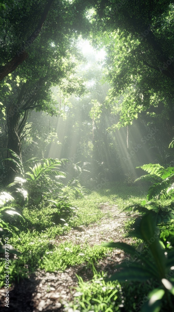 Poster dense forest with sunlight filtering through trees, creating a serene atmosphere and vibrant greener