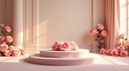 Elegant Pink Roses Adorn a Two-Tiered Display in a Sunlit Room with Classical Architecture
