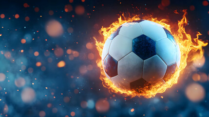 Naklejka premium A dynamic image of a burning soccer ball surrounded by vibrant flames and light.