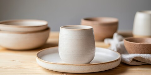 A minimalist arrangement of ceramic cups and bowls on a wooden surface, showcasing natural tones and textures.