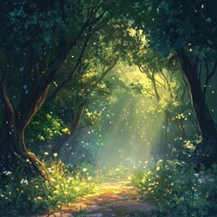 Sunlight filters through trees onto forest path with flowers