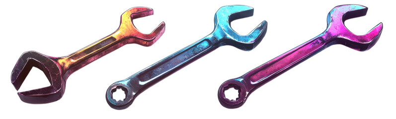 Colorful iridescent wrenches in different metallic shades . Isolated on transparent background. Generative AI