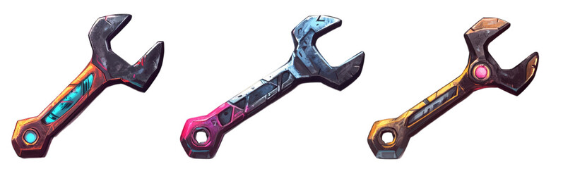 Obraz premium Colorful futuristic wrenches with unique geometric designs