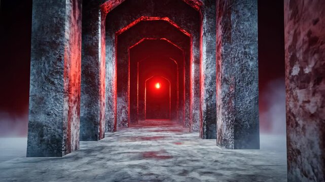 Red light illuminating mysterious corridor with pillars and smoke