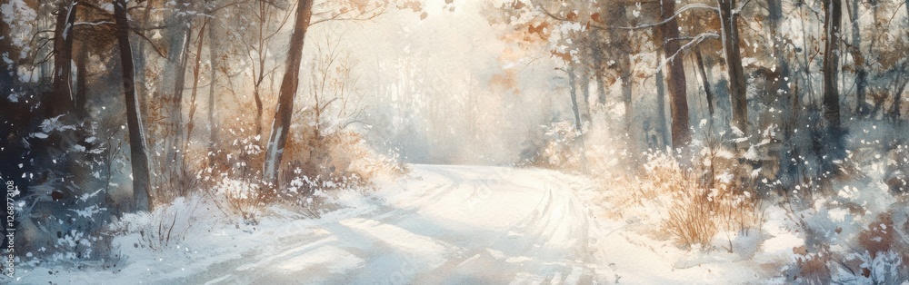 Poster serene winter path winding through a snowy forest with soft sunlight illuminating the scene