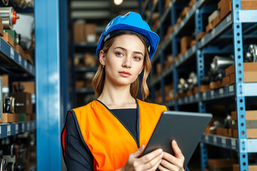 Woman in a warehouse wearing a hard hat uses a tablet.