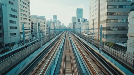 Elevated train tracks vanishing point perspective in a modern city.