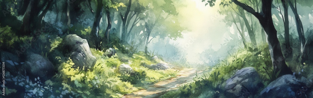 Aufkleber serene forest pathway bathed in soft sunlight surrounded by lush green trees and rocks during a peac