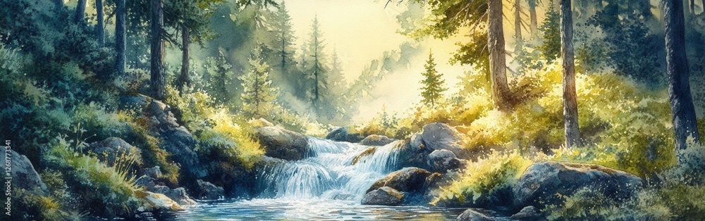Aufkleber beautiful morning light streaming through trees over a serene forest stream with rocks and vibrant g