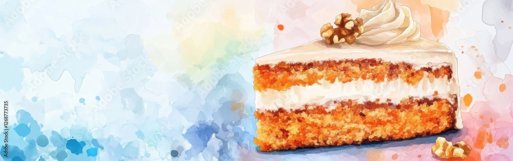 Poster Delicious close-up of a layered cake with creamy filling and decorative topping against a soft watercolor background