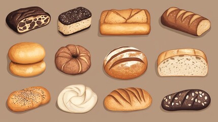 Illustration showcasing a variety of freshly baked bread, highlighting different shapes, sizes, and toppings
