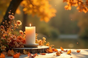 Autumnal Serenity A Lit Candle Amongst Falling Leaves and Blossoms on a Wooden Surface