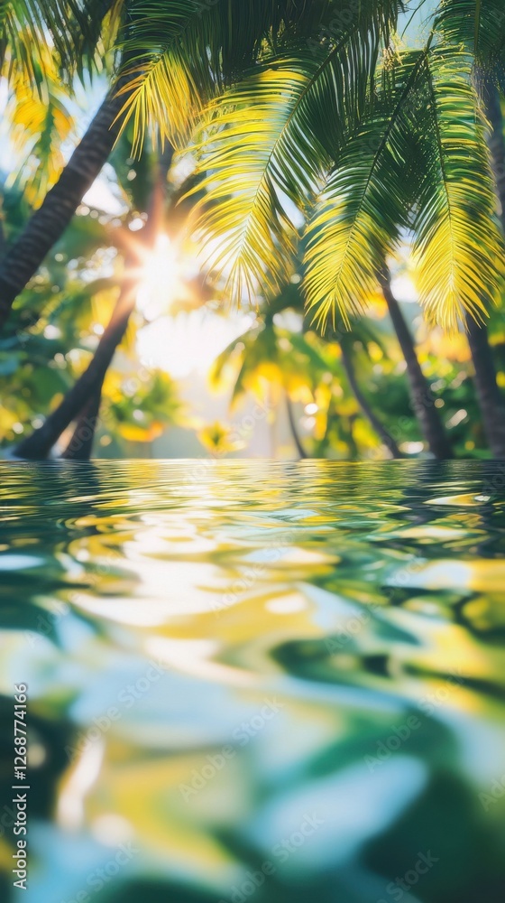 Poster sunlight reflecting on rippling water amidst tropical palm trees in a serene environment