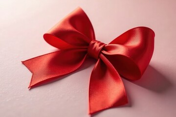 A vibrant red satin ribbon bow, elegantly tied, rests on a soft pink surface, showcasing its luxurious texture and rich color.