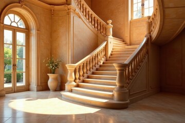 Elegant curved staircase in a sunlit grand hall with stone balustrades and French doors